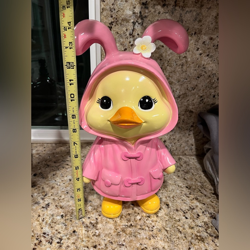Large Yellow Easter Duck Figurine with Pink Bunny Coat Flower Hood